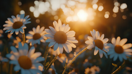 Wall Mural - Sunlit daisies in a field at sunset.