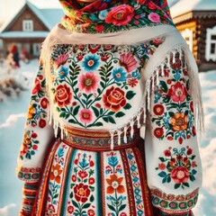 A girl in an embroidered suit smiles against the backdrop of a snowy village