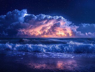 Dark ocean storm with lighting and waves at night landscape