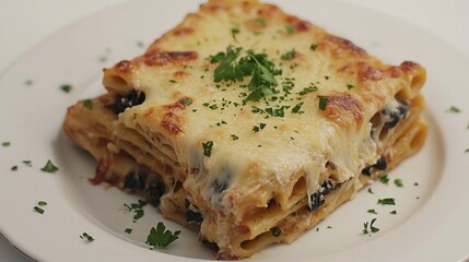 Wall Mural - A delicious serving of cheesy lasagna topped with parsley garnish.