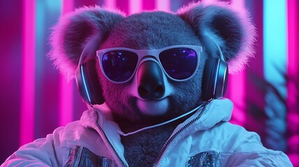 A fantasy character with the head of a koala wearing sunglasses and headphones in a white jacket enjoying the music with a striking pink and blue backdrop