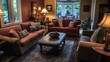 © Alex - The living room features a cozy atmosphere with a red couch, a blue armchair, and a wooden coffee table, all surrounded by comfortable-looking cushions and a plush rug.