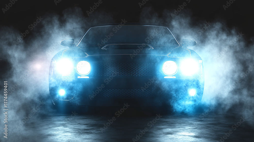 Car headlights, automobile front view light overlay effect. Glowing ...