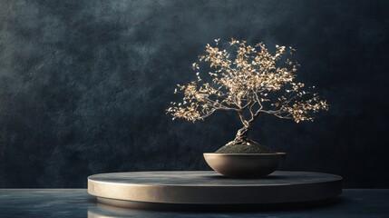 Wall Mural - Golden Bonsai Tree on a Black Marble Pedestal