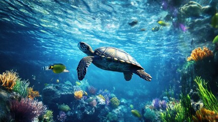 Wall Mural - Sea Turtle Gracefully Swimming Through Vibrant Coral Reef