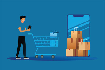 A vibrant, modern mobile app interface showcasing the process of online shopping.