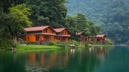 Sticker - Wooden Cabins on a Lake Surrounded by Lush Green Foliage