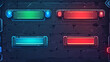 © Sahraya - Set of game frames, bars and menu buttons cartoon interface elements. Empty borders with banners, ui or gui design blue, red and green scales, play, pause keys, user panel settings isolated vector kit