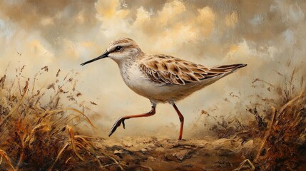 Canvas Print - A Solitary Sandpiper Walking on a Cloudy Day