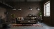 © Josh Zachary - An industrial loft-style living room with exposed brick walls, metal lighting fixtures, and a leather couch