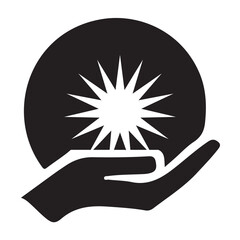 Hand holding radiant sun symbol vector illustration - black and white icon of a hand cradling a shining sunburst, perfect for renewable energy, solar power, and environmental graphics
