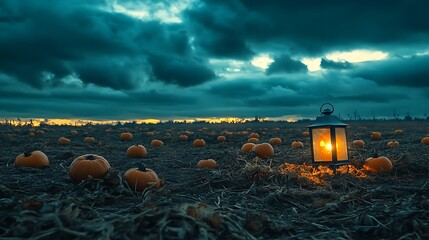 scary pumpkin patch under a dark cloudy sky lit by a dim lantern