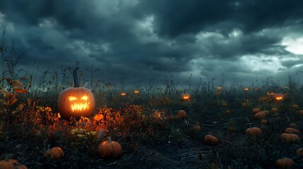 scary pumpkin patch under a dark cloudy sky lit by a dim lantern