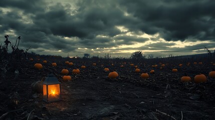 scary pumpkin patch under a dark cloudy sky lit by a dim lantern