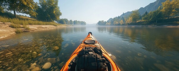 Wall Mural - A kayak gliding on a serene river surrounded by lush greenery and mountains.