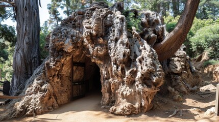 A hidden entrance in a tree trunk reveals a mysterious underground city beyond the surface