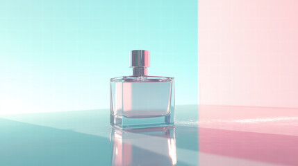 clear perfume bottle on reflective surface, illuminated by soft pastel lights, creates serene and elegant atmosphere. light reflections enhance its beauty and charm