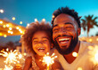 © NORN - Father and Daughter Sparkler Fun: A heartwarming image of a joyful Black father and daughter laughing together, holding sparklers against a warm, twilight sky.