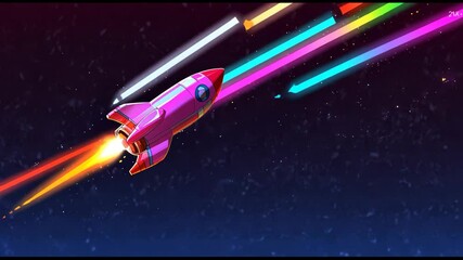 Wall Mural - Video footage of vibrant pink rocket with a blue window flies through space, leaving colorful trails of light behind it against a starry background.