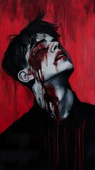 Wall Mural - Crimson Anguish: A Portrait of Despair