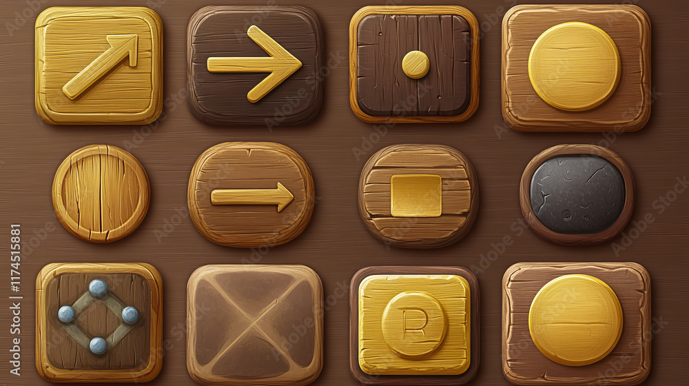 Wood button frame for game. Arrow sign board ui interface set. Round ...