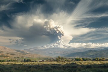 Majestic volcanic eruption amidst expansive landscape under dramatic sky