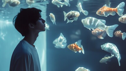 Wall Mural - Youthful Serenity: A Boy Contemplates Underwater Life