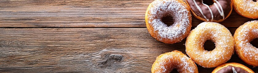 Wall Mural - Delicious Variety of Freshly Baked Donuts on Rustic Wooden Table Surface