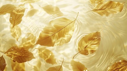 Canvas Print - Dry leaves floating on water, illuminated by a warm, soft light.