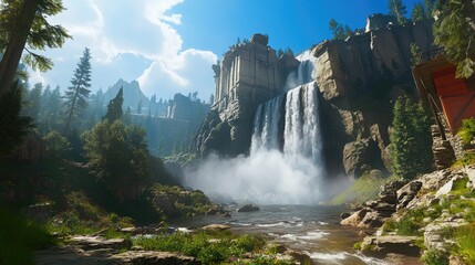 Wall Mural - A serene waterfall cascading through a lush forest landscape under a bright sky.