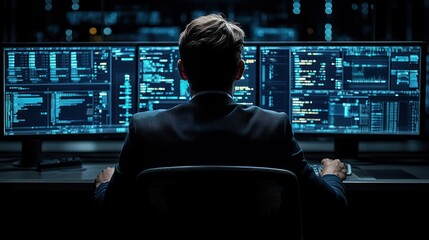 Programmer coding nighttime office screens