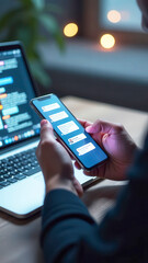 programmer using smartphone and laptop for coding and communication in office at night