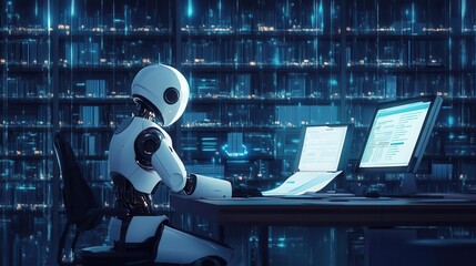 a futuristic robot analyzes data at a computer in a digital library filled with glowing information.