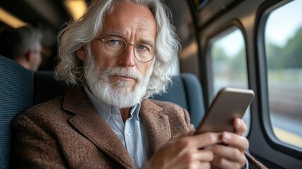 Senior man using phone on train, commuting, window view