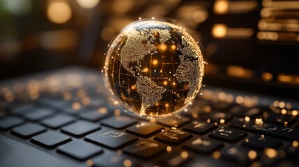 Global network connection on laptop at night
