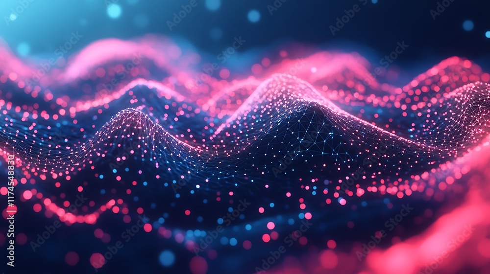 Abstract Pink Blue Digital Wave Network Landscape