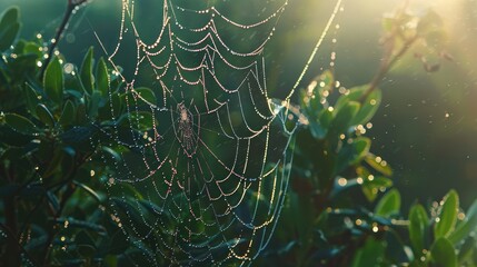 Macro shot of morning dew gently clinging to a fine spider web, AI-generated image