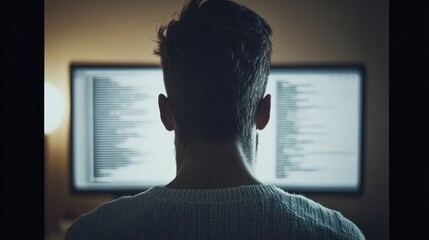 Programmer coding late night, home office, screen glow