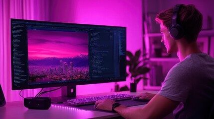 Programmer coding at home, neon lights, city view