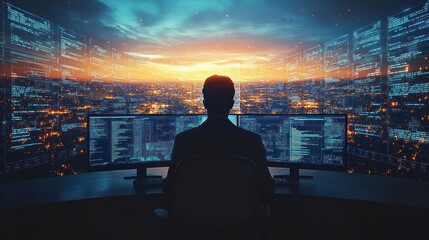 Programmer coding cityscape sunset digital screens