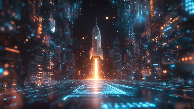 digital rocket launch through futuristic cityscape