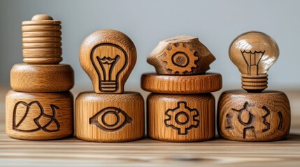 Wooden light bulb, gear, eye, and code symbols on stands; creativity, innovation, and design concept