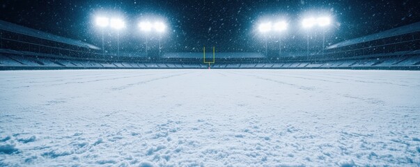 a snow-covered football field at night, illuminated by stadium lights, creating a serene and quiet w