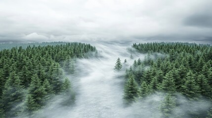 Wall Mural - A misty forest landscape with dense trees and fog rolling through, creating a serene atmosphere.