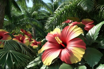 Wall Mural - A vibrant scene of hibiscus flowers amidst lush tropical foliage.