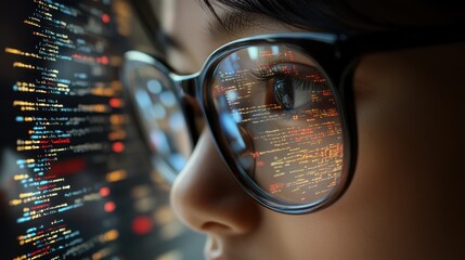 Child programmer coding, glasses reflection, night office, website development
