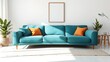 © PomPam - Teal Curved Sofa, Orange Pillows, Scandinavian Living Room