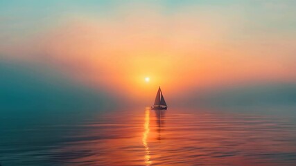 Wall Mural - Sailboat at sunset on calm water. AI.