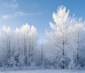 Wall Mural - Winter panorama landscape with a snow-covered forest and trees at sunrise. A winter morning marking the beginning of a new day. Winter landscape with sunset, panoramic view