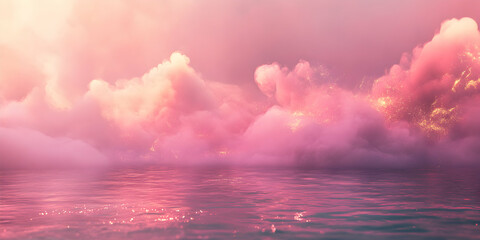 Wall Mural - pink sky dreamscape: a serene and ethereal landscape unfolds, where billowing pink clouds dance acro